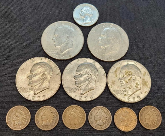 Collector Lot 5 Eisenhower Dollars One Silver Quarter and 6 Full Date Indian Pennies