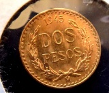 Dos Peso Pure Gold Coin Frosty unc 1945 Collector Gold