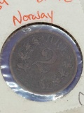 2 Ore Norway 1866 Rare Very Old Piece High Grade XF+