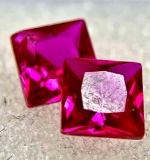 Pair of Square Cut Bright Red Ruby Gemstones 1.5ct Combined