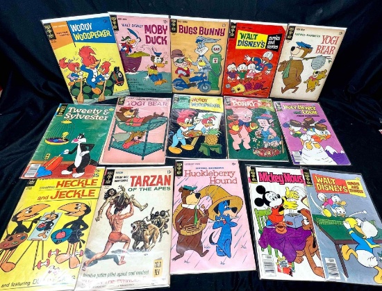 15 Vintage Gold Key Comics. Mickey Mouse, Woody Woodpecker, Tarzan, Yogi Bear, Bugs Bunny, more