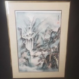 Framed print Chinese style mountains trees waterfalls