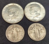 Two 1964 Kennedy Half Dollars and Two Walking liberty Quarters Silver coins