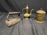 Vintage World Gift India Etched Brass Trinket Container with lid and Etched Brass Pitcher. Cast Iron