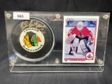 Ed Belfour Chicago Blackhawks Signed Hockey Puck and Card