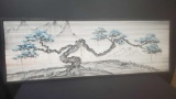 Framed horizontal Japanese tree painting w/signature