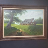 Framed canvas artwork of old barn w/signature