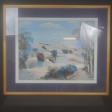 Large framed artwork of landscape w/signature