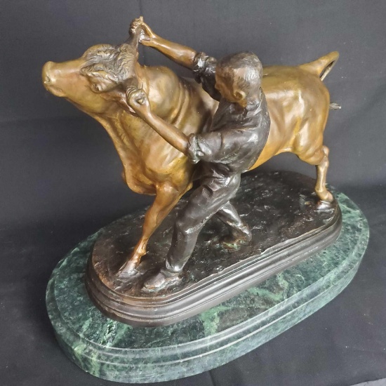 Escondido - Heavy Bronze Statue Man Taming A Bull. Engraved Isidore Bonheur 1827-1901