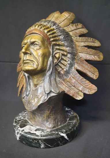 Escondido - Henry Alvarez Bronze colorized Bust of Native American Chief with headdress