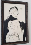 La Jolla - Mother And Daughter Framed On Canvas B/w