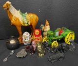 lot of animal statues , tractor replica, matryoshka doll and Indiana metal craft Corp buckle