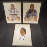 3 Native American Portraits - Bird sings different. Julia-Wades-In-The-Water. Two Guns