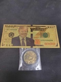 Trump Lot $1000 24kt Gold Plated Bill And 24k Gold Plated Coin