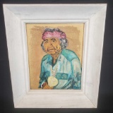 Framed artwork portrait of native american indian w/signature