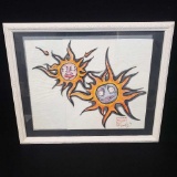 Framed artwork of 2 unique flaming suns with faces has chop mark and date