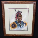 Framed native american indian portrait w/signature