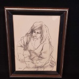 Framed pencil sketch portrait w/signature
