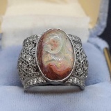 Beautiful Silver Ring With Set Opal Gemstone And Inlay Diamond