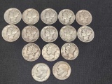 15 Silver Dimes 13 Mercury and 2 Jefferson