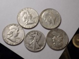 Franklin Silver Half And Walker Lot Of 5 2.5$ Face Value Nice Lot With Uncs