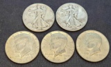 90% Silver Half Dollar 2 Walkers 2 Kennedy and 1 40% Kennedy 5 Coin Lot