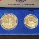 Ellis Island 2 Coin Dollar & Half Silver Proof Set In Original Felt Box