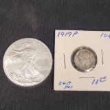 Silver American Eagle 2007 Gem BU Blast White + Early Year Mercury Dime 1917
