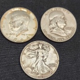 Silver Half Lot Of 3 1.5 Face Bu Kennedy Walker & Franklin 90% Silver