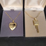 2 Beautiful Gold Tone Necklaces Heart and Key Pendant