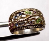 Sterling Silver Designer Ring With Synthetic Gems Nice Old Beauty