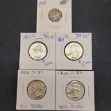 Washington Silver Quarter Lot + Merucry Dime $1.10 Face 90% Silver Some UNCS 5 Coins