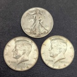 90% Silver Half Lot of 3 $1.50 Face Value 2 Kennedies UNCS and One Walker