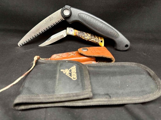 Camillus Sword Brand Antler Pocket Knife. Gerber Saw Knife both with Sheath Budweiser