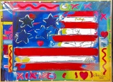 Signed Peter Max 2000 American Flag Americana framed Art