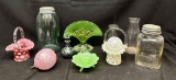 Assorted Glass Decor. Jars, Colored Glass, more