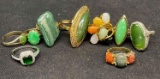 Costume Jewelry Rings, Green and Gold Tone, 9 Units