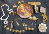 Lot of Vintage Cosmetic Accessories Including Compact, Mirror, Earrings, Necklaces and Lipstick