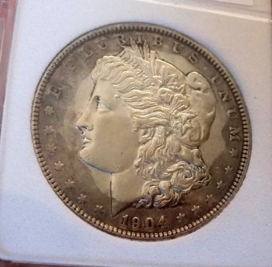Morgan silver dollar 1904 p gem bu target rainbow toned rare date ms++++++ wow coin