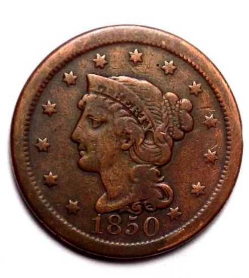 Large cent 1850 better grade original rare early copper full liberty