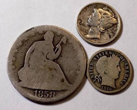 Seated Liberty Half dollar 1858 o barber dime 1916 and mercury dime1943 collectors lot $$$