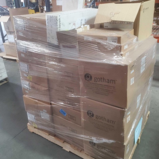 pallet of Gotham and Mvolt lighting and hardware