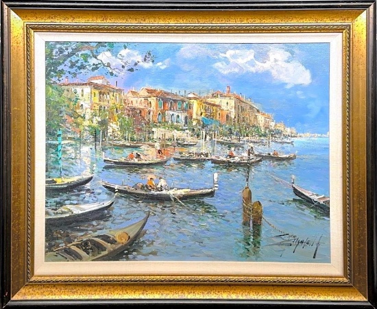 Framed Painting - Canoes Signed 26in Tall 33in Wide