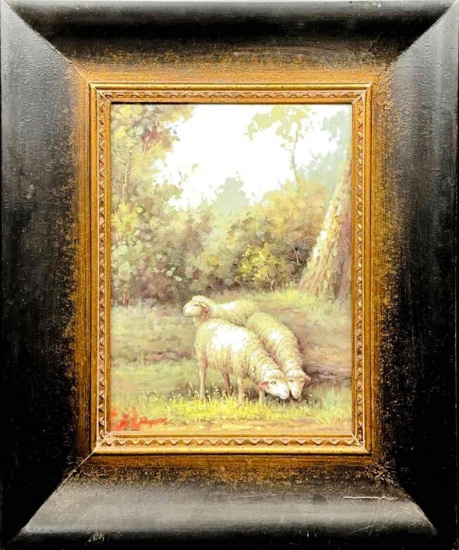 Framed Painting - Oil on Board Sheep Signed Rogers 25in Tall 20in Wide