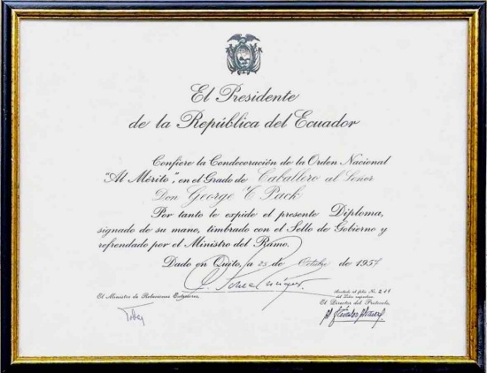 1957 Ecuadorian President Signed Order of Merit