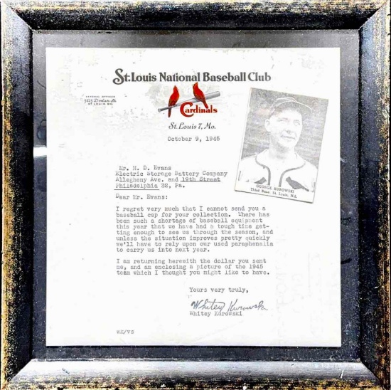 1945 St Louis Cardinals Whitey Kurowski Signed Letter 1947 Tip Top card
