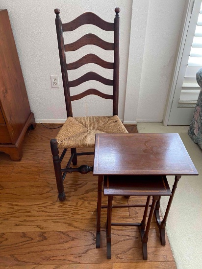 Tall ladder back mahogany chair and 2 small nesting tables