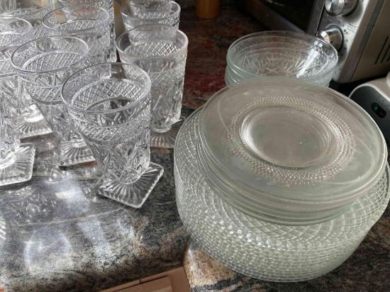 lot of glassware, crystal ware, mugs, crystal punch bowl