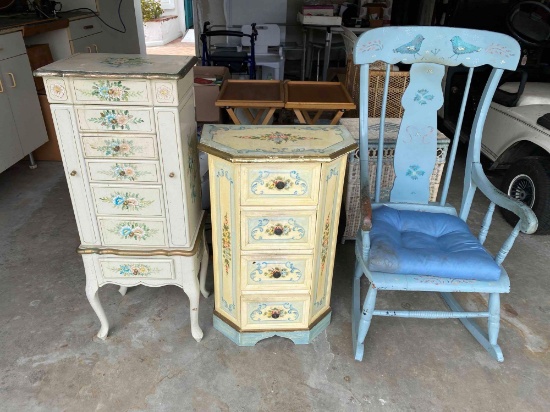 lot of 2 jewelry curios and rocking chair