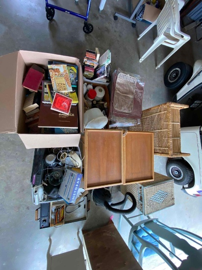 electronics, electric griddle, Smith Corona electric typewriter, wicker storage, shoe storage